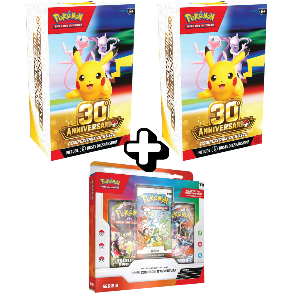 RareDex Bundle - 30° Anniversario Pokémon - 2 Bundle da 6 Bustine 30° Anniversario + 1 Collezione Primi Compagni d’Avventura Serie 2 (IT)
