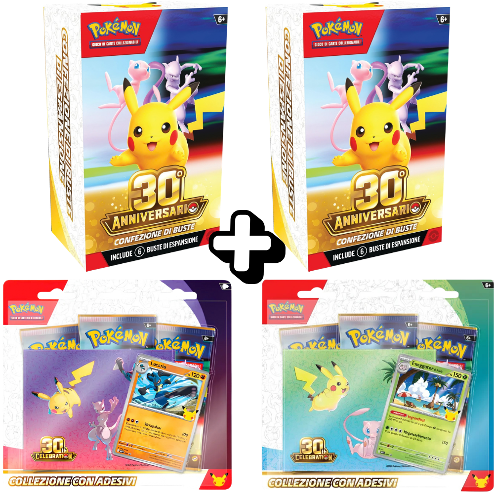 RareDex Bundle - 30° Anniversario Pokémon - 2 Bundle da 6 Bustine 30° Anniversario + 1 Collezione con Adesivi Lucario + 1 Collezione con Adesivi Exeggutor (IT)