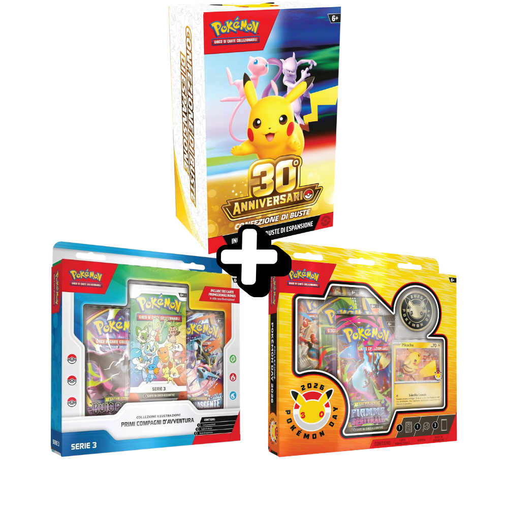 RareDex Bundle - 30° Anniversario Pokémon - 1 Bundle da 6 Bustine 30° Anniversario + 1 Collezione Primi Compagni d’Avventura Serie 3 + 1 Collezione Pokémon Day 2026 (IT)