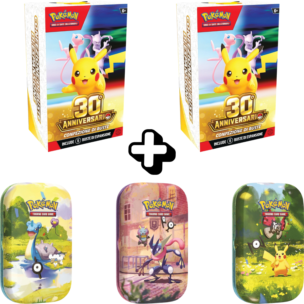 RareDex Bundle - 30° Anniversario Pokémon - 2 Bundle da 6 Bustine 30° Anniversario + 3 Mini Tin 30° Anniversario (Artwork Casuale) (IT)