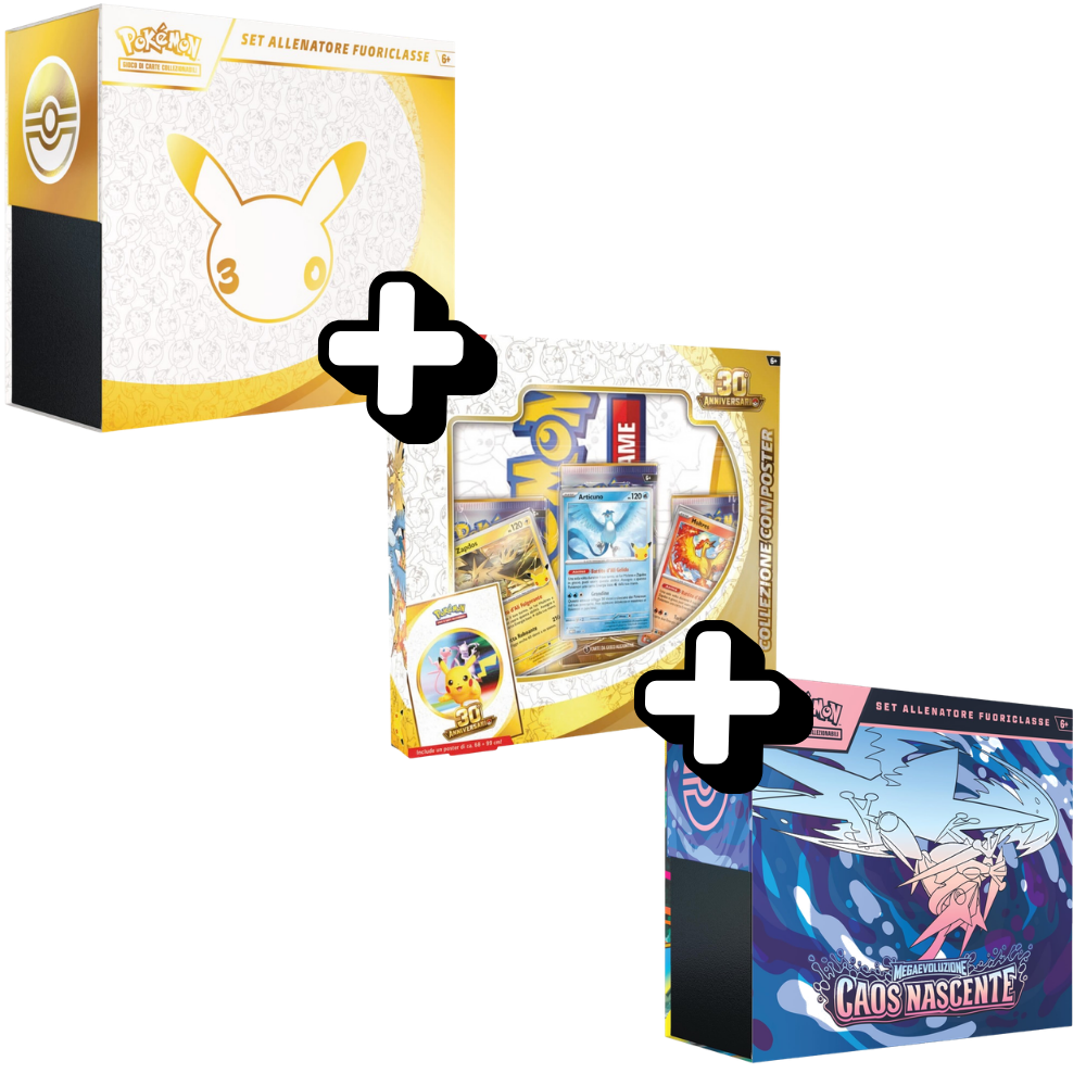 RareDex Bundle - 30° Anniversario Pokémon - 1 ETB 30° Anniversario + 1 Collezione con Poster 30° Anniversario + 1 ETB Caos Nascente (IT)