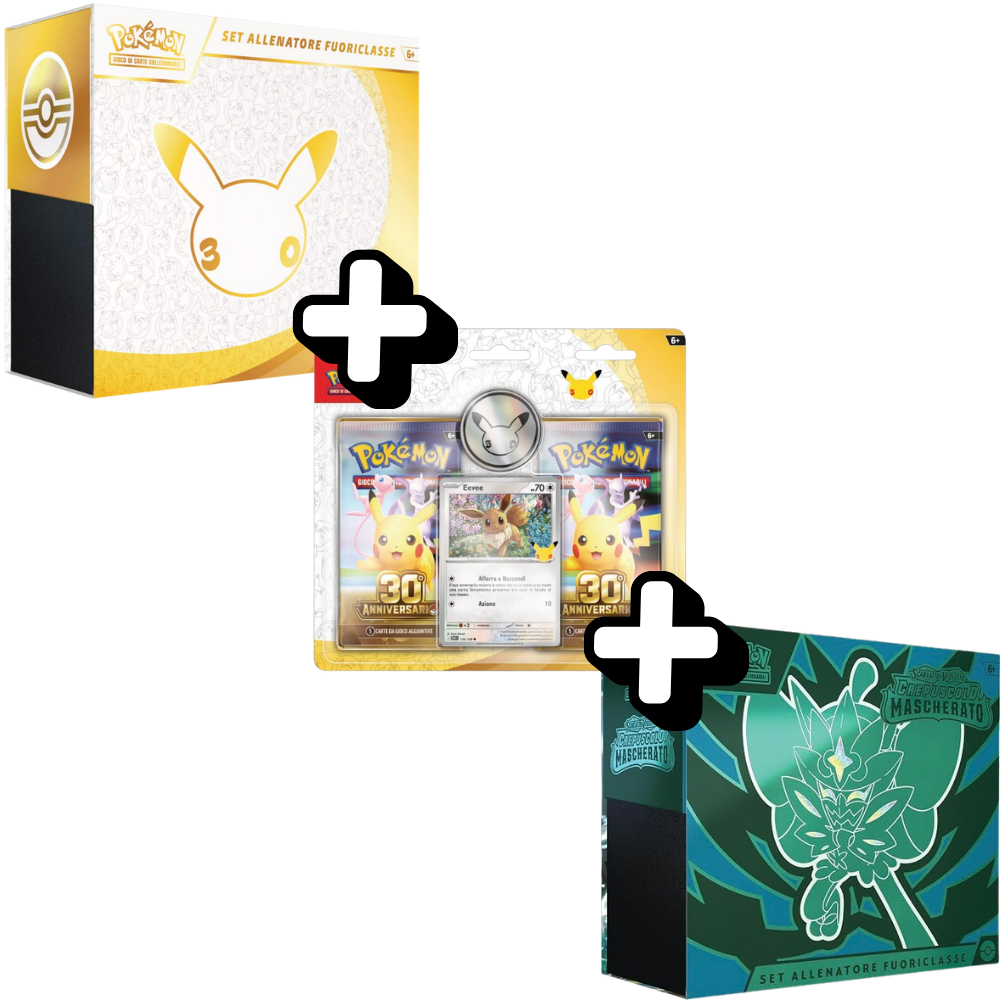 RareDex Bundle - 30° Anniversario Pokémon - 1 ETB 30° Anniversario + 1 Blister 2 Bustine 30° Anniversario + 1 ETB Crepuscolo Mascherato (IT)
