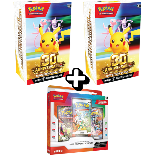 RareDex Bundle - 30° Anniversario Pokémon - 2 Bundle da 6 Bustine 30° Anniversario + 1 Collezione Primi Compagni d’Avventura Serie 2 (IT)