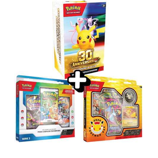 RareDex Bundle - 30° Anniversario Pokémon - 1 Bundle da 6 Bustine 30° Anniversario + 1 Collezione Primi Compagni d’Avventura Serie 3 + 1 Collezione Pokémon Day 2026 (IT)