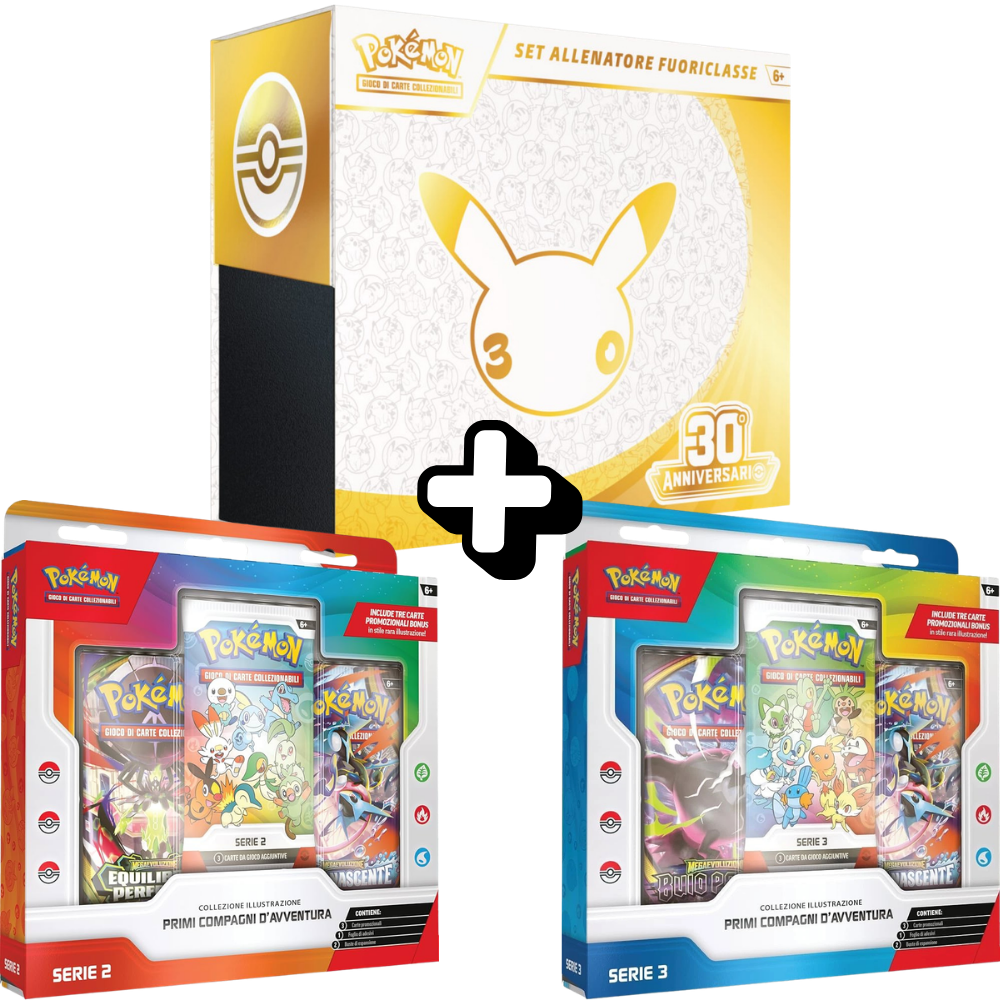 Pokémon: Bundle ETB - Set Allenatore Fuoriclasse 30° Anniversario + Serie 2 e/o 3 Primi Compagni d'Avventura (IT)