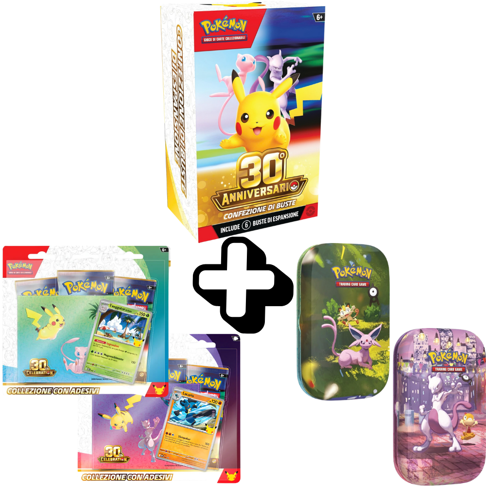 RareDex Bundle - 30° Anniversario Pokémon - 1 Bundle da 6 Bustine 30° Anniversario + 1 Collezione con Adesivi Exeggutor + 1 Collezione con Adesivi Lucario + 2 Mini Tin 30° Anniversario (Artwork Casuale) (IT)
