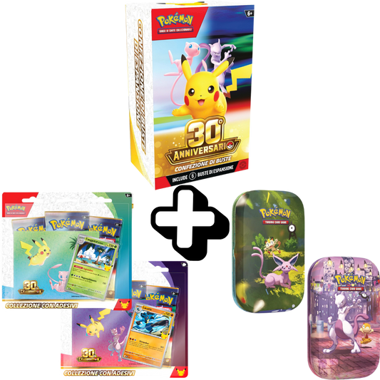 RareDex Bundle - 30° Anniversario Pokémon - 1 Bundle da 6 Bustine 30° Anniversario + 1 Collezione con Adesivi Exeggutor + 1 Collezione con Adesivi Lucario + 2 Mini Tin 30° Anniversario (Artwork Casuale) (IT)