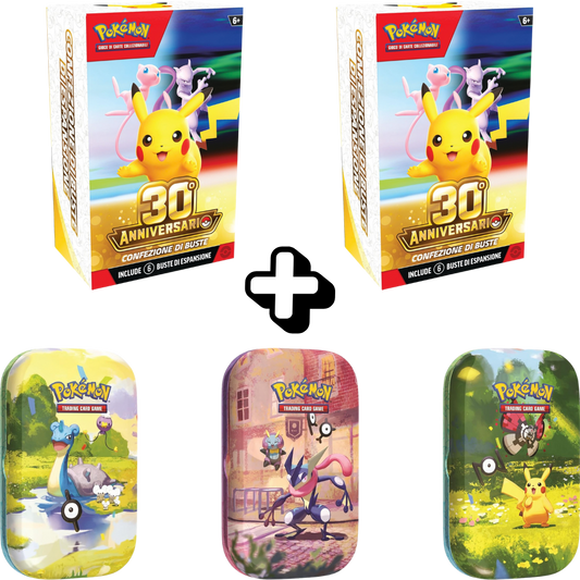 RareDex Bundle - 30° Anniversario Pokémon - 2 Bundle da 6 Bustine 30° Anniversario + 3 Mini Tin 30° Anniversario (Artwork Casuale) (IT)